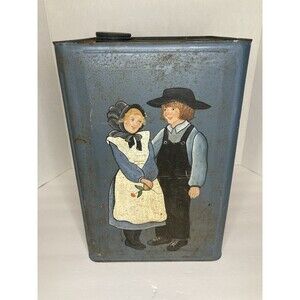 Vintage Folk Art Hand Painted Tin Berry Bucket Pail w/ Lid Farmhouse Country